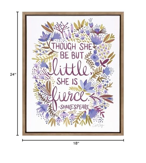 Kate and Laurel Sylvie Though She Be But Little She is Fierce Quote Word Art with Florals Framed Canvas Wall Art by Cat Coquillette, 18x24 Gold