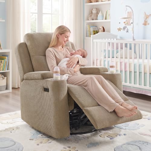 Power Nursery Glider Rocking Chair, Chenille Swivel Recliner with USB Ports