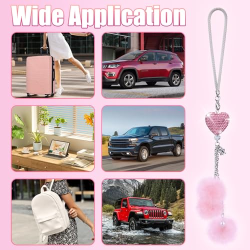Bling Pink Heart Car Rear View Mirror Ornament with Plush Pom Poms