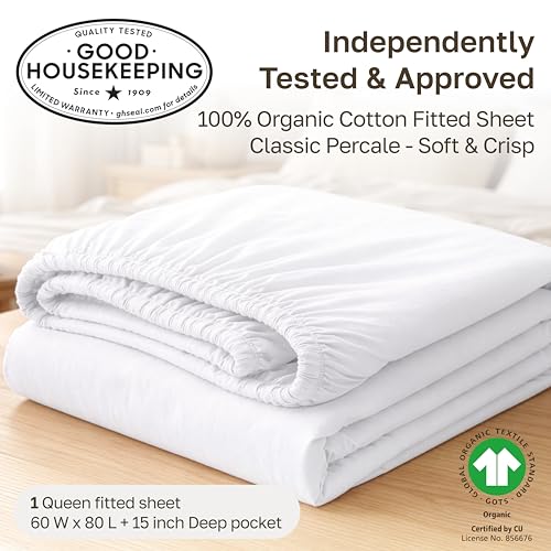 100% Organic Cotton Queen Fitted Sheet - Crisp White Percale, 15" Deep Pocket