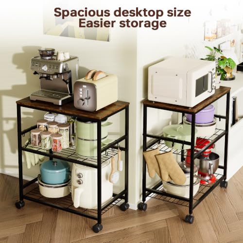 3-Tier Kitchen Rolling Cart, Microwave Stand with Lockable Wheels, Brown