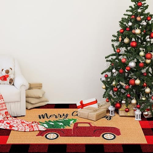 Christmas Door Mat Set with Plaid Rug - 2 Pieces, Holiday Welcome Mats
