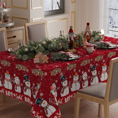 XCHI Red Snowman Christmas Tablecloth 60x84 Inch Washable Holiday Decor