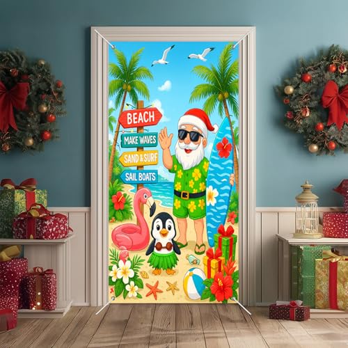 Christmas Surfboard Santa Door Cover Banner 71 x 35 Inches Holiday Decor