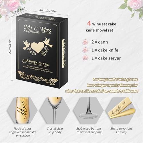 Mr and Mrs Champagne Flutes & Wedding Cake Knife Set (Gold, 4 Pieces) - Bltnever