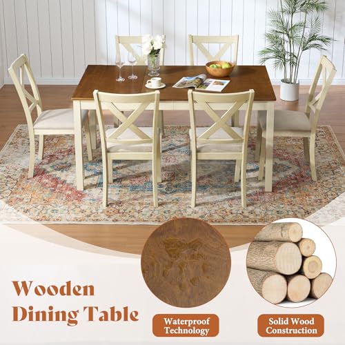 7-Piece Farmhouse Solid Wood Dining Set for 6 with Upholstered Chairs