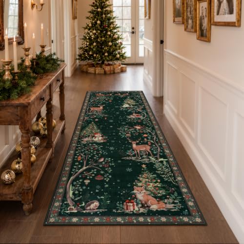 Beeiva Green Christmas Runner Rug 2x6 ft Non Slip Holiday Hallway & Kitchen Decor