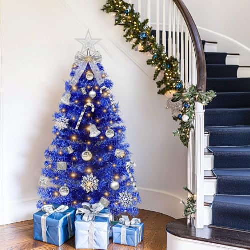 Blue 3Ft Christmas Tree with Ornaments & Warm White Lights - Hanukkah Decor with Timer