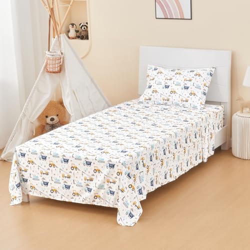 Lasoftan Boys Twin Sheet Set - 3-Piece Blue Excavator Soft Microfiber Bedding