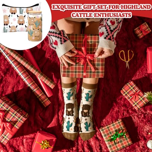 Skylety Highland Cow Gift Set – Highland Cow Glass Cup, Makeup Bag & Socks (Variation: Highland Cow) for Women