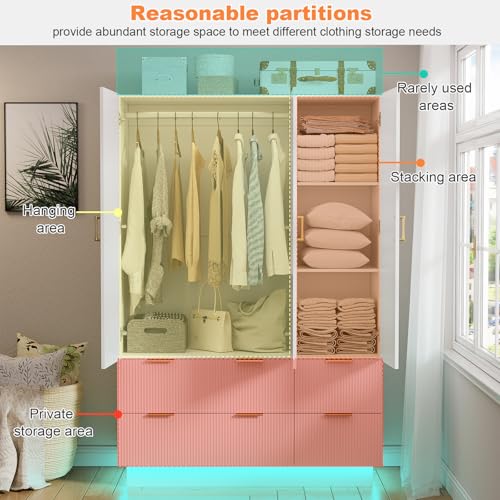 3-Door Wardrobe Closet with Mirror, Drawers, and RGB LED Lighting