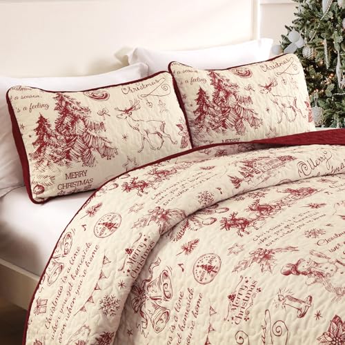 Red King Christmas Quilt Set with 2 Pillow Shams - Microfiber Holiday Bedspread