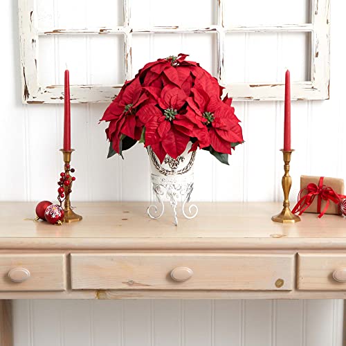 Nearly Natural 21-Inch Artificial Poinsettia Christmas Plant in Rustic Metal Planter