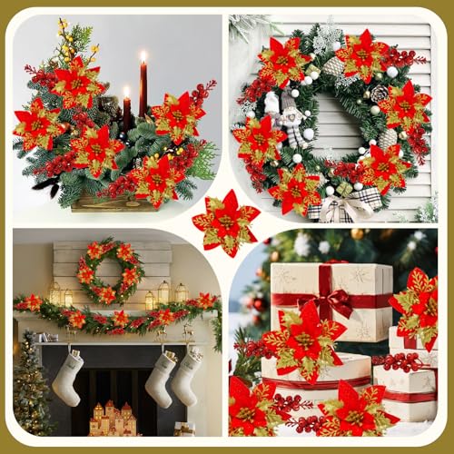 Trytuny 50pcs Glitter Poinsettia Ornaments with Clips Red - DIY Wreath & Christmas Tree Flowers