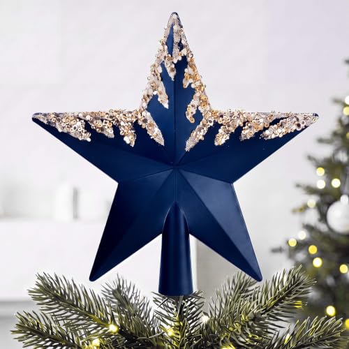 Blueweenly Navy Blue Christmas Star Tree Topper with Glitter Sequin Drip, 8 Inch
