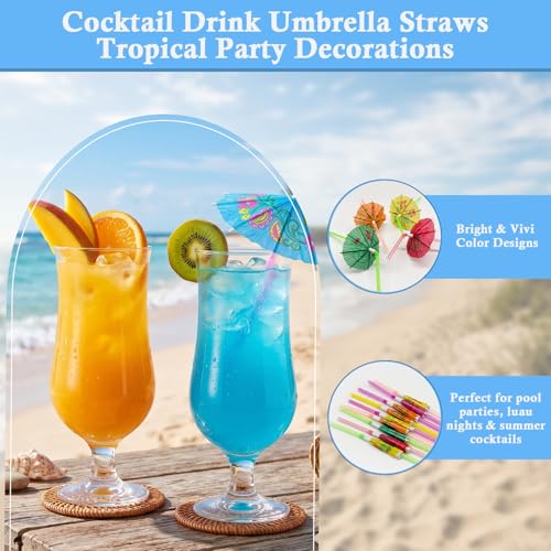 Hurricane Glass Set of 6 with 10 Umbrella Drink Straws for Cocktails & Party