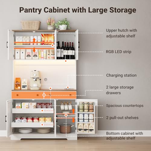 71-Inch Kitchen Pantry Cabinet with LED Lighting, Outlets, and USB Ports