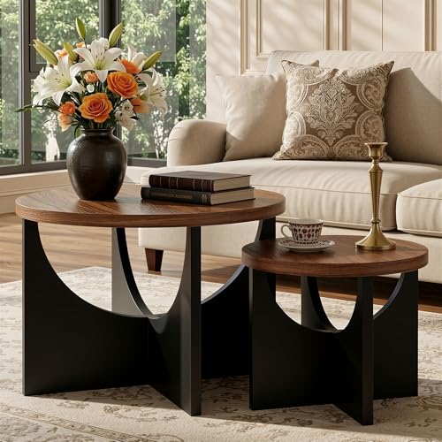 2-Piece Nesting Coffee Table Set, Walnut Wood Round Side Tables