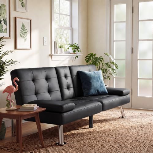 Adjustable PU Leather Futon Sofa Bed with Cup Holders and Armrests