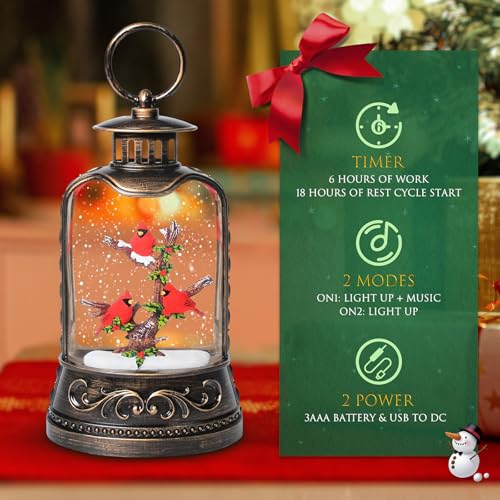 Sunface Bronze 27 Christmas Snow Globe with Red Cardinals, Music & Timer, Indoor Decor