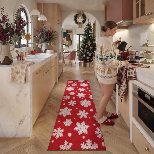 HUGEAR 2' x 8' Red Snowflake Christmas Runner Rug - Holiday Indoor Decor