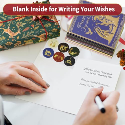 Religious Christmas Cards Set with Envelopes & Stickers - Gold Foil Embossed 5x7in (Religious Style, 24 Pack)