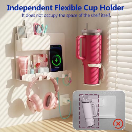 Adhesive Bedside Wall Shelf with Cup Holder and Hooks for Dorm Room