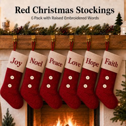 ElegantPark 6 Pack Large Red Christmas Stockings Burlap Embroidered, 22in Set