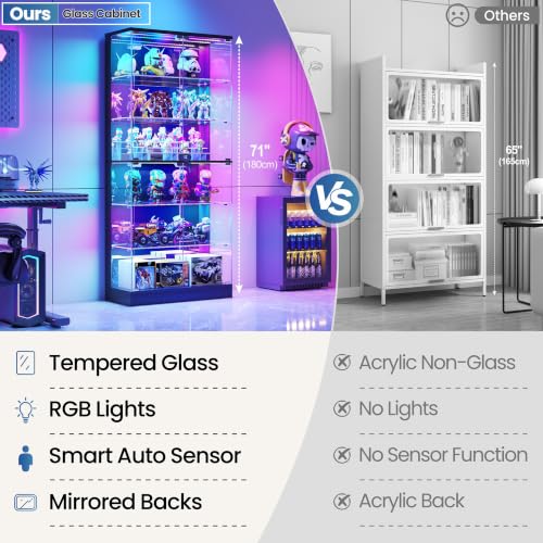 71-Inch 6-Tier Tall Glass Display Cabinet with RGB LED Lights & Mirrored Back