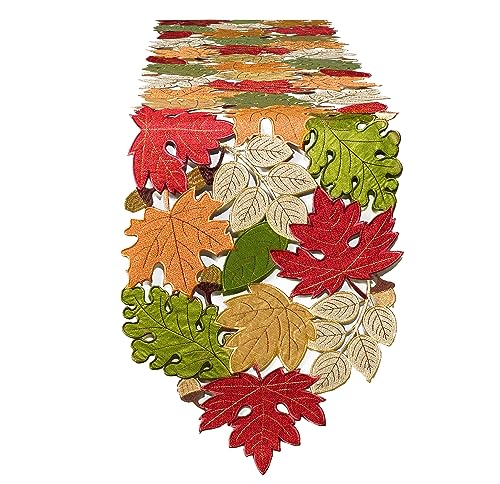 KEVA Fall 13x90 Inch Table Runner with Embroidered Maple Leaves for Thanksgiving & Autumn Decor