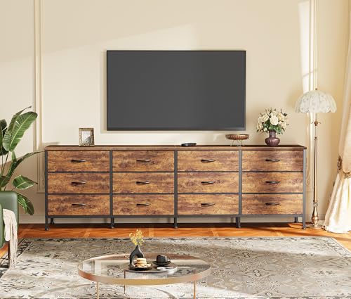 70-Inch Wide Dresser and TV Stand with 12 Fabric Drawers, Rustic Brown