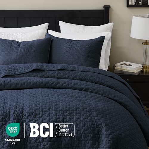 Navy Blue 100% Cotton Queen Quilt Set - 3-Piece Lightweight Bedspread