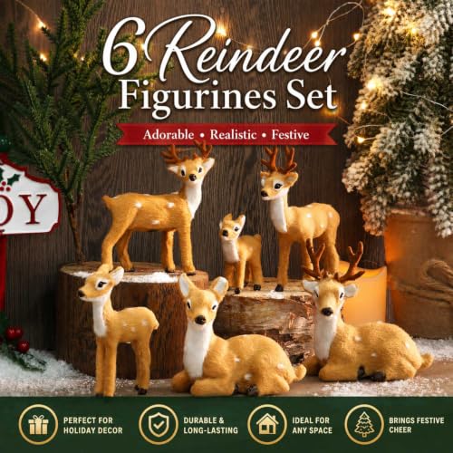 Decor Unlimited 6 Pack Reindeer Figurines - Festive Rustic Holiday Christmas Decorations for Home & Office
