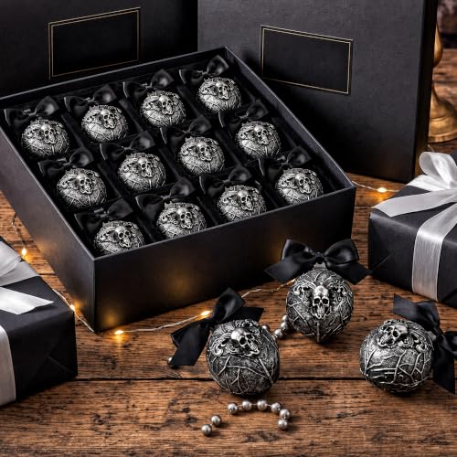 Halloween Skull Tree Ornaments - 12 Pack Black Gothic Christmas Decor