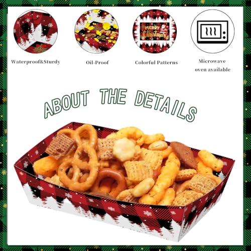 Christmas Snowflake Paper Food Trays Pack of 50 - No Folding, 2Lb Capacity, Multicolor Plaid Design
