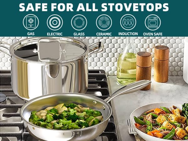 Umite Chef Stainless Steel Cookware Set - 14-Piece 5-Ply Induction Pot and Pan Set | Heavy-Duty, Oven Safe, PFOA-Free