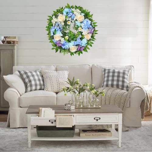 24-Inch Lighted Spring Hydrangea Wreath with Timer for Front Door Decor