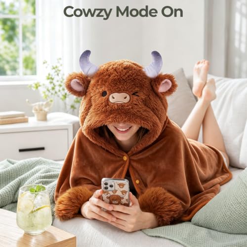 Highland Cow Wearable Blanket Hoodie - Oversized Plush Sherpa Blanket