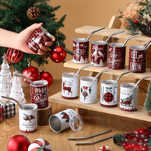 Roshtia Christmas Mini Shot Glass Set with Straw & Lid - 12 Pcs Festive Stainless Steel Tumblers