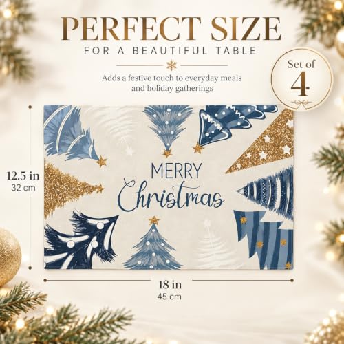 Merry Christmas Placemats Set of 4 - 12x18 in with Christmas Trees (Blue/White) by Taskoge