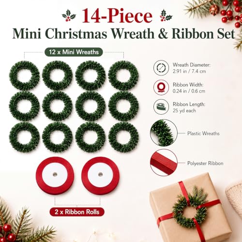 Yunlly 14 Pcs Mini Christmas Wreath Gift Wrapping Set - Plain Wreath & Red Ribbon