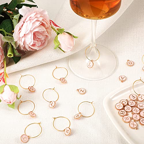 Hicarer 26 Pcs Pink Wine Charms with Letter Rings for Stem Glasses
