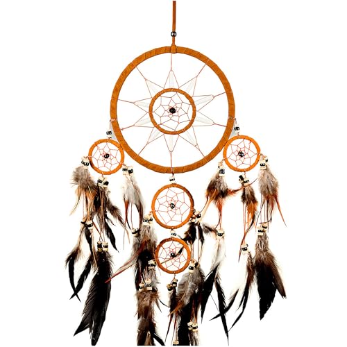 Brown Suede Dream Catcher - 28-Inch Handcrafted Wall Hanging with Feathers