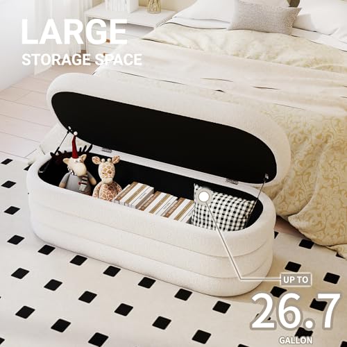 49-Inch Upholstered Oval Storage Ottoman Bench - Ivory Fabric