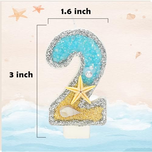 Number 2 Birthday Candle with Beach Starfish Sequins, 3-Inch Cake Topper