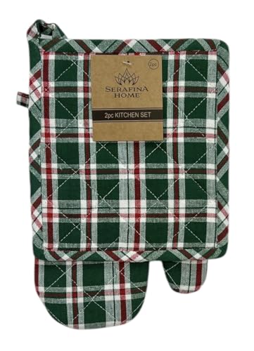 Serafina Home Green Red White Tartan Christmas Pot Holder & Oven Mitt Set