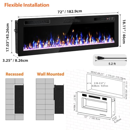 72 Inch Electric Fireplace Ultra-Thin Recessed & Wall Mounted