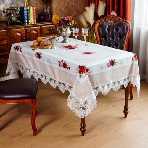 SUTAVIA Off-White 60 x 120 in Lace Embroidered Tablecloth, Rectangular Waterproof Polyester