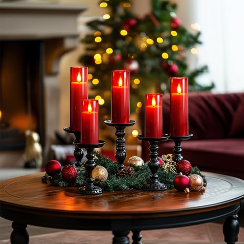 Amagic Red & Warm Yellow Flameless LED Pillar Candles with Remote Timer (5-Pack)