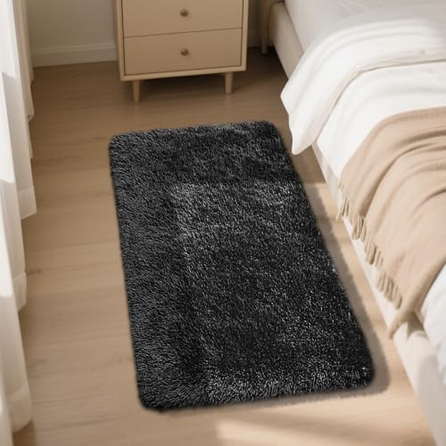 Black 2x4 Fluffy Shag Area Rug - Ultra Soft Non-Slip Bedroom & Living Room Carpet